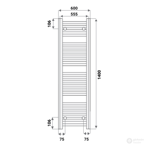 Silver 600X1400 mm egyenes elektromos törölközőszárító radiátor fehér, 600W-os fehér termosztátos fűtőpatronnal, végdugóval